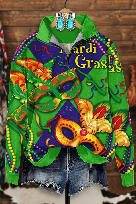 Vintage Mardi Gras Print Sweatshirt Hoodie with Turtle Neck Cozy Winter