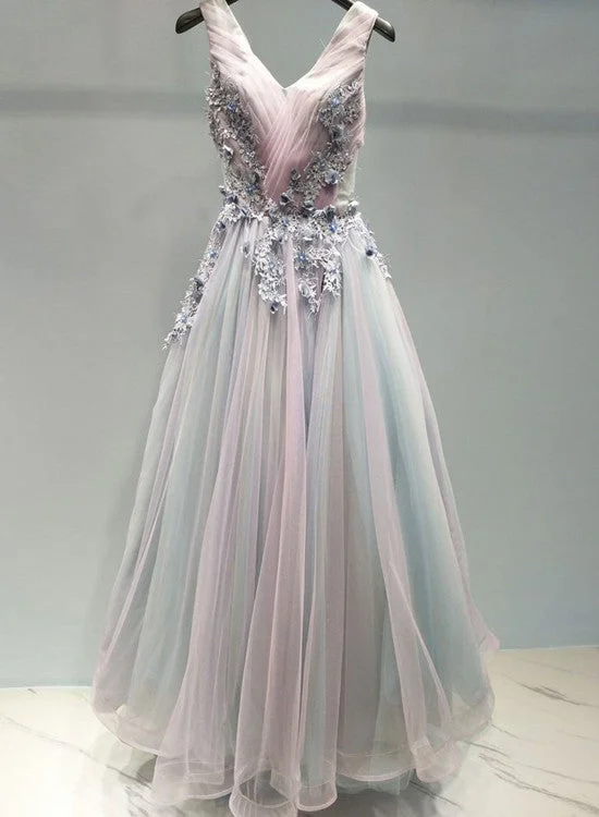 Pink and Grey Tulle V-neckline Prom Gown , Tulle Party Dress Tunics Stylish elegant