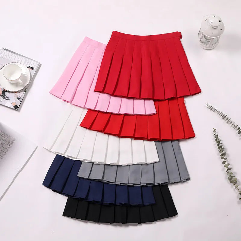 Preppy Style High Waist Solid Pleated Mini Skirt ruffled skirt detail