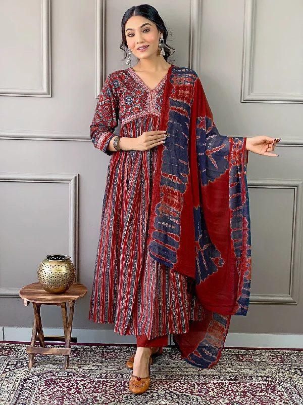 Women V Neck Printed Work Cotton Fabric Kurta & Pant With Dupatta Set - Taantav Warm Wool Trousers