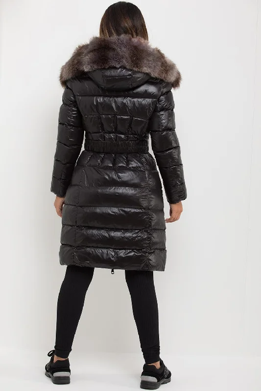 Black Long Puffer Padded Jacket With Faux Fur Hood & Belt