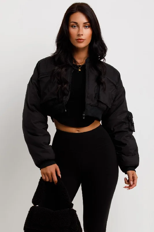 Crop Bomber Jacket With Pockets Black