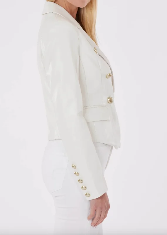 Double Breasted Vegan Leather Blazer - White