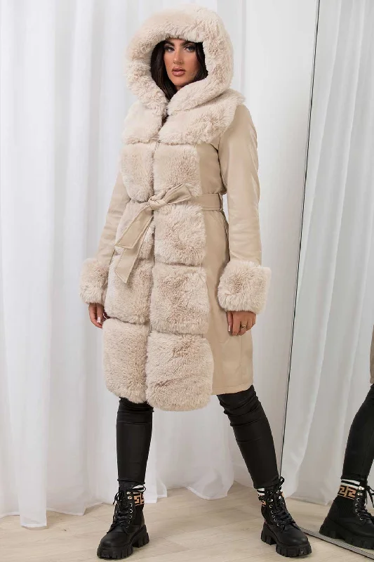 Faux Leather Faux Fur Longline Hooded Jacket Beige