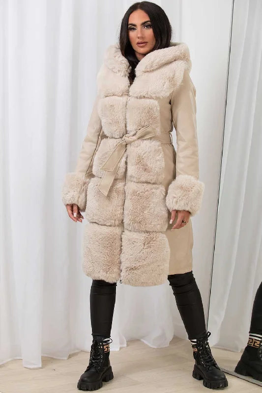 Faux Leather Faux Fur Longline Hooded Jacket Beige