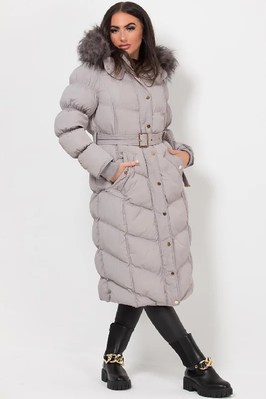 Long Puffer Coat With Fur Hood And Belt Grey