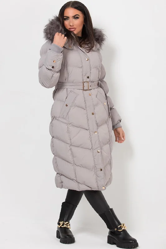 Long Puffer Coat With Fur Hood And Belt Grey