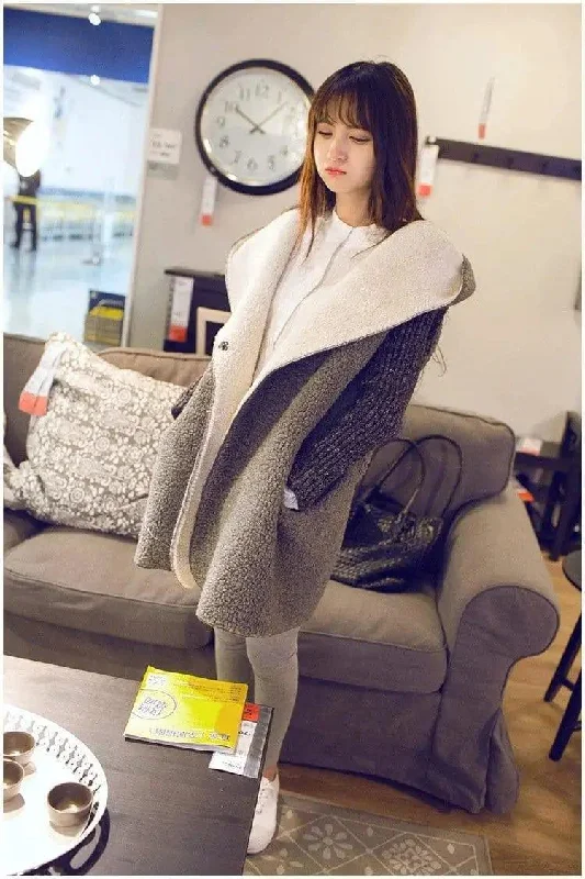 Wool stitching hooded lamb cashmere coat