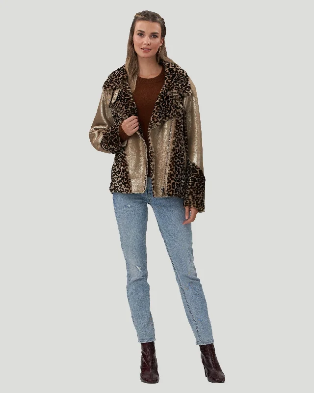 Printed Shearling Lamb Zip Moto Jacket