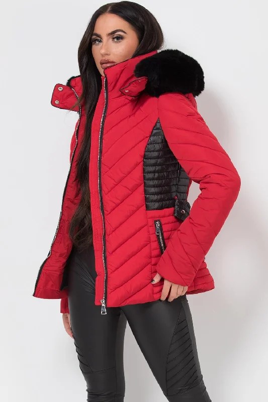 Puffer Quilted Jacket With Faux Fur Hood And Belt Red