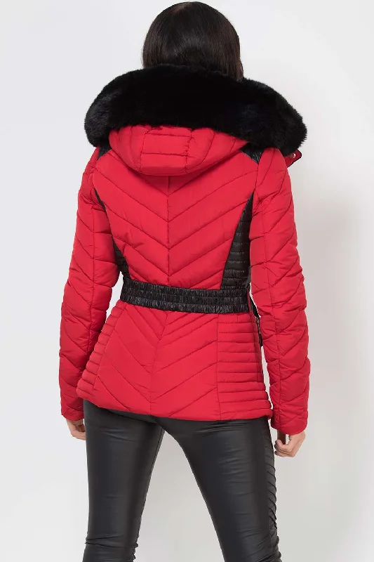 Puffer Quilted Jacket With Faux Fur Hood And Belt Red