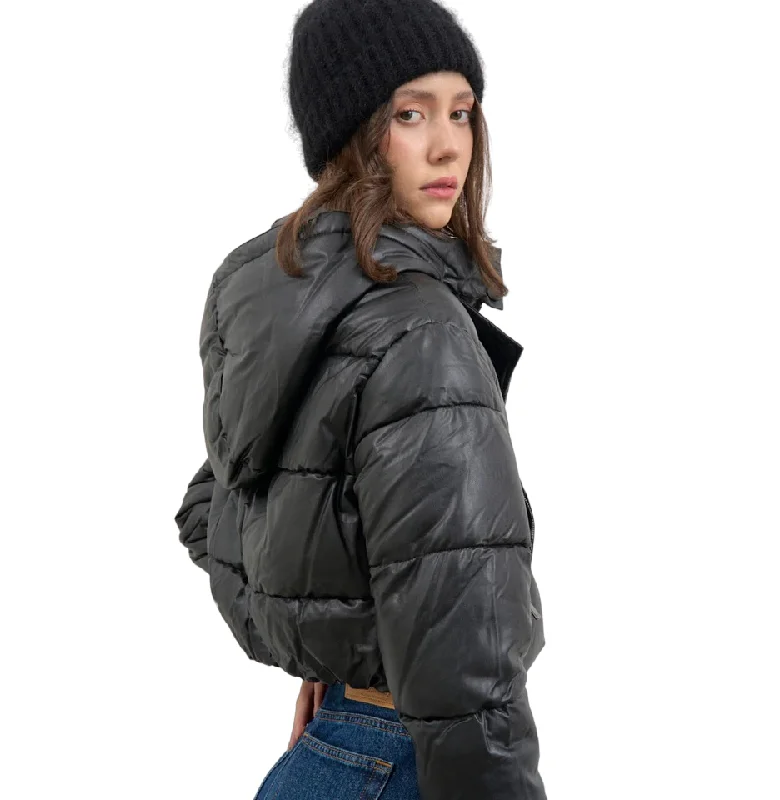 Relish Piumino da donna in ecopelle ALBADAH con cappuccio stacabile più zip e coulisse. Nero