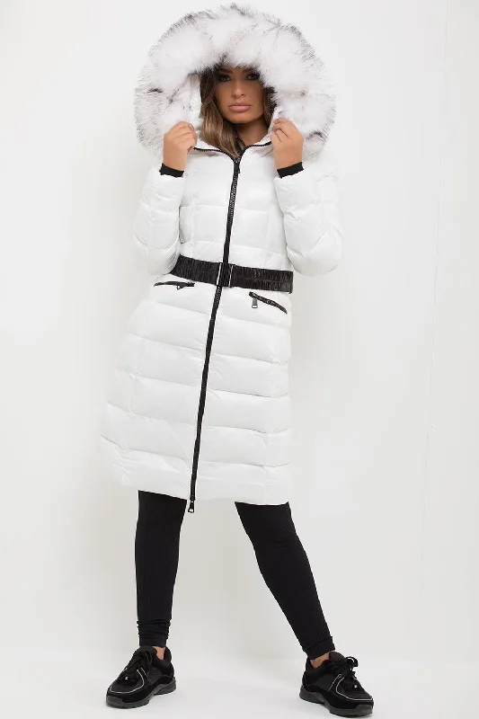 White Long Puffer Padded Jacket With Faux Fur Hood & Belt