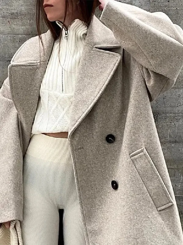 Znbbw Women Double Breasted Woolen Coat  Lapel Collar Long Sleeves Solid Long Wool Coat Winte Fashion Warm Loose Woolen Overcoat