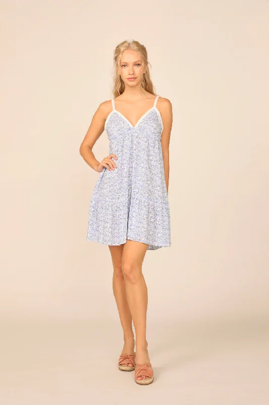 Blue Ditsy Floral Printed New V-neck Promo Dress