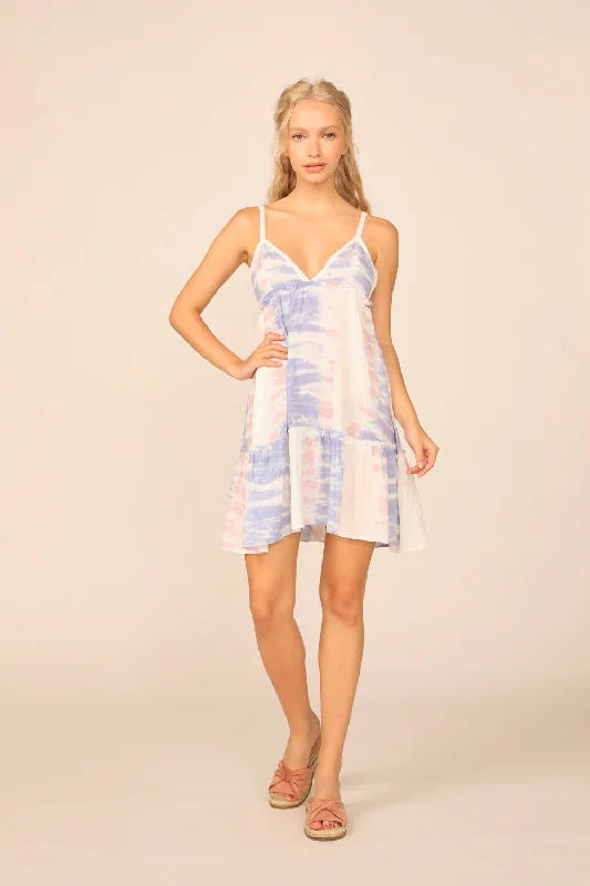 Blue Ditsy Lavender Stripe Tie Dye New V-neck Promo Dress