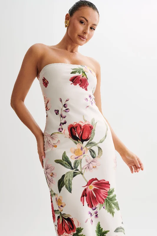 Claudette Strapless Satin Maxi Dress - Bella Rosa Print