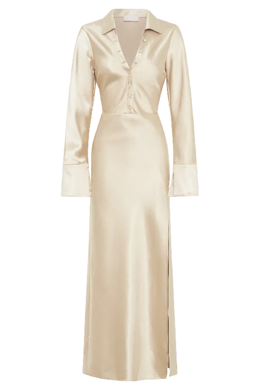 Whitley Satin Collared Maxi Dress - Gold