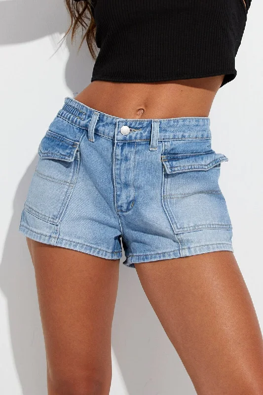 Blue Cargo Denim Shorts Low Rise