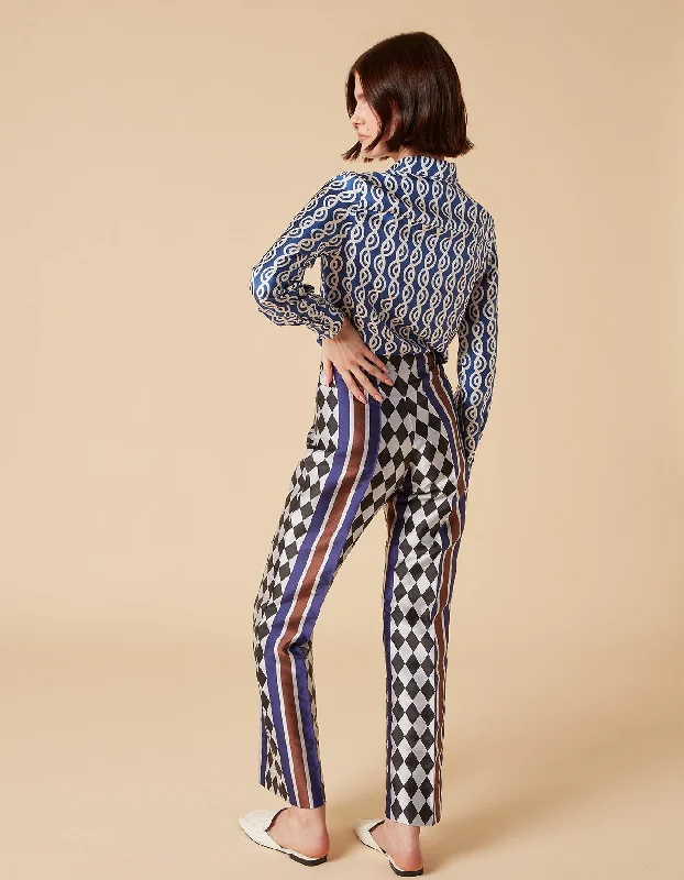 Hetty Blue Checkmate Print Silk Jacquard Trousers