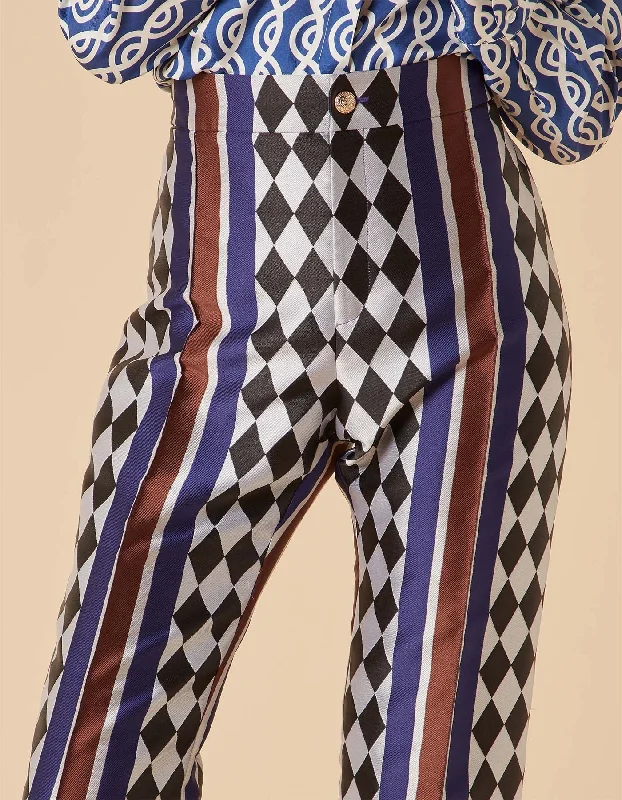 Hetty Blue Checkmate Print Silk Jacquard Trousers