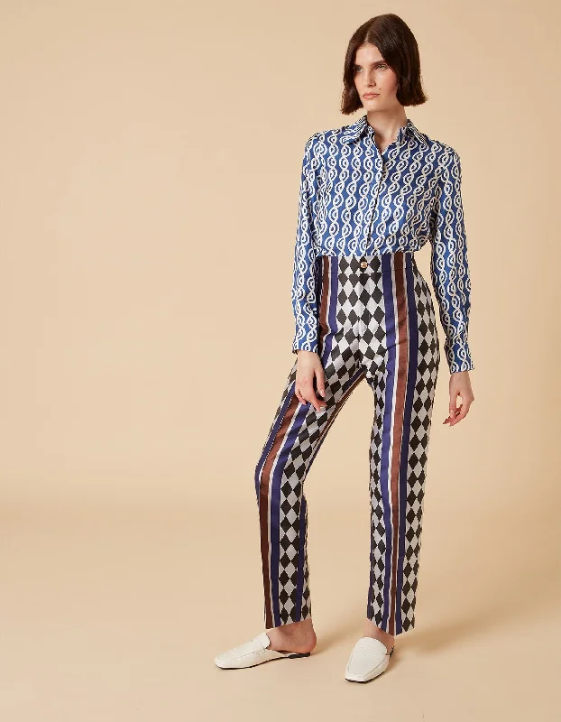 Hetty Blue Checkmate Print Silk Jacquard Trousers