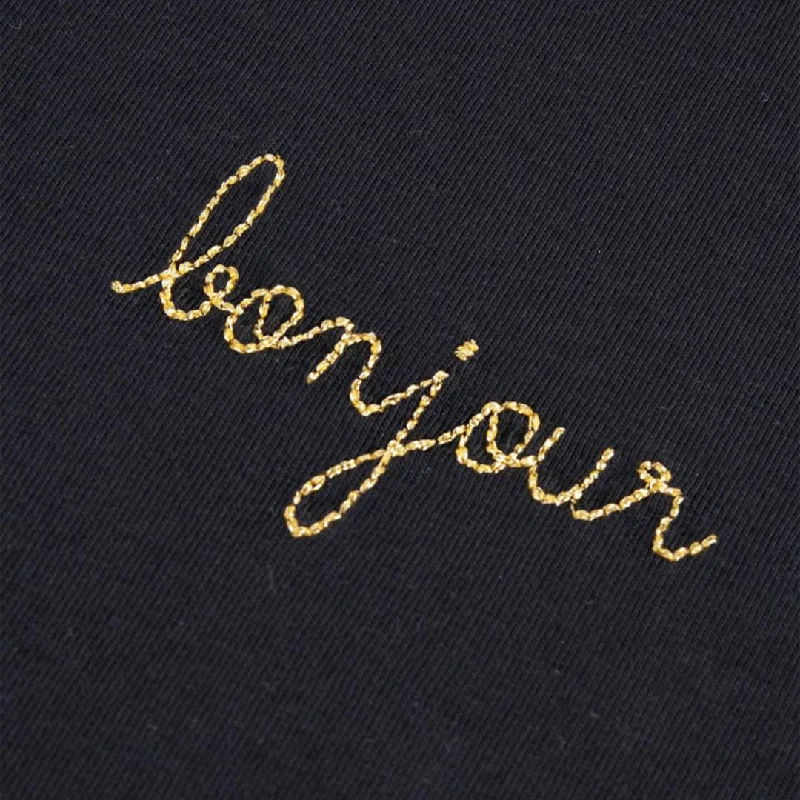 ""Bonjour"" Poitou T-Shirt Script Pointile Coeur Gold 3033 (Black)