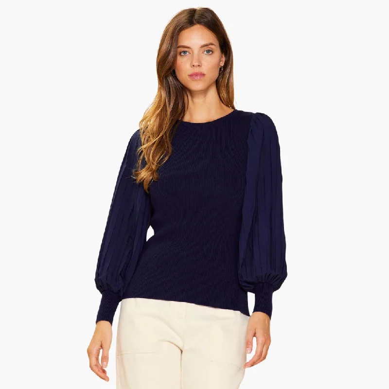 Mixed Media Long Pleated Sleeve Knit Top (Navy)