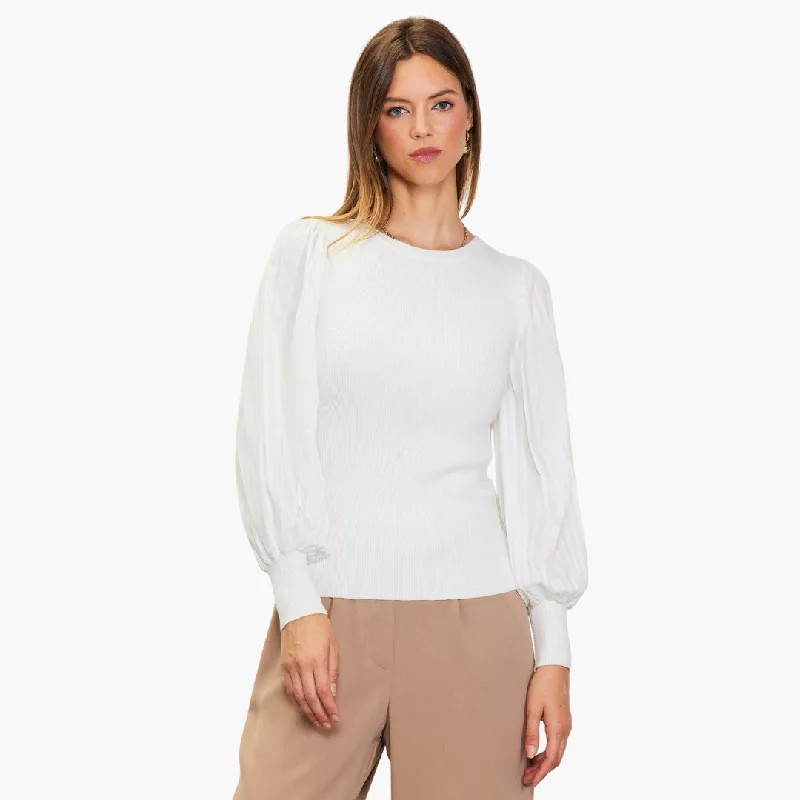 Mixed Media Long Pleated Sleeve Knit Top (Off White)