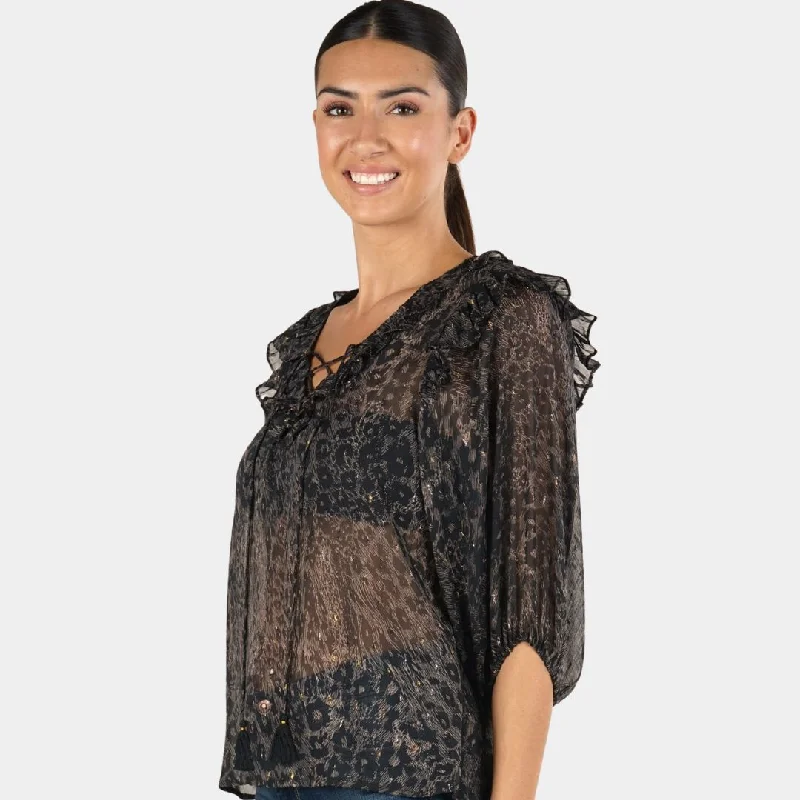 Sheer Animal Print Ruffled 3/4 Sleeve Top (Black + Sand)