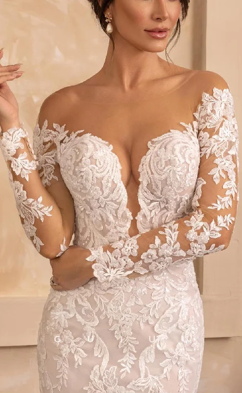 GW617 - Sexy & Hot Sheath Bateau Illusion Long Sleeves Floral Appiques Wedding Dress with Court Train