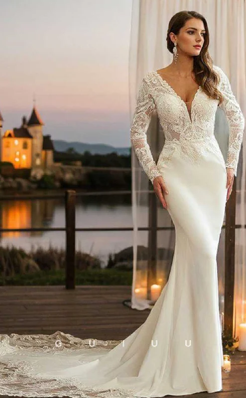 GW911 - Sheath V-neck Long Sleeves Backless Lace and Stain Boho Beach Wedding Dress with Train