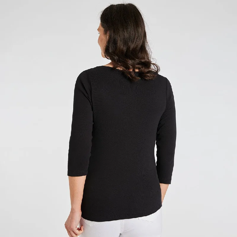 Ladies Black 3/4 Sleeve Slash Neck Top