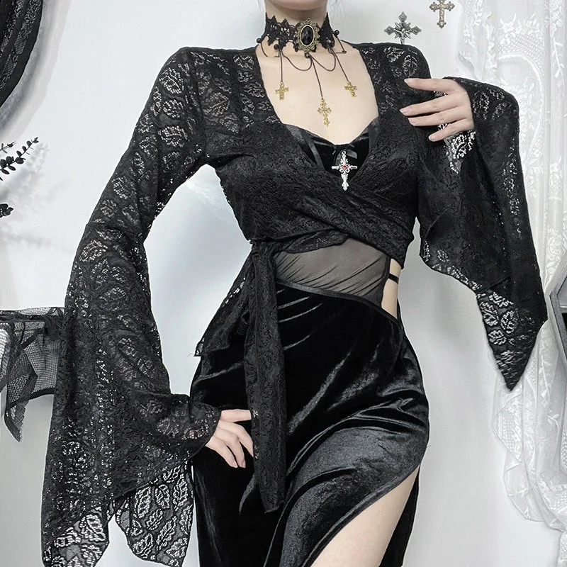 Women's Gothic Plunging Flared Sleeved Crop Top