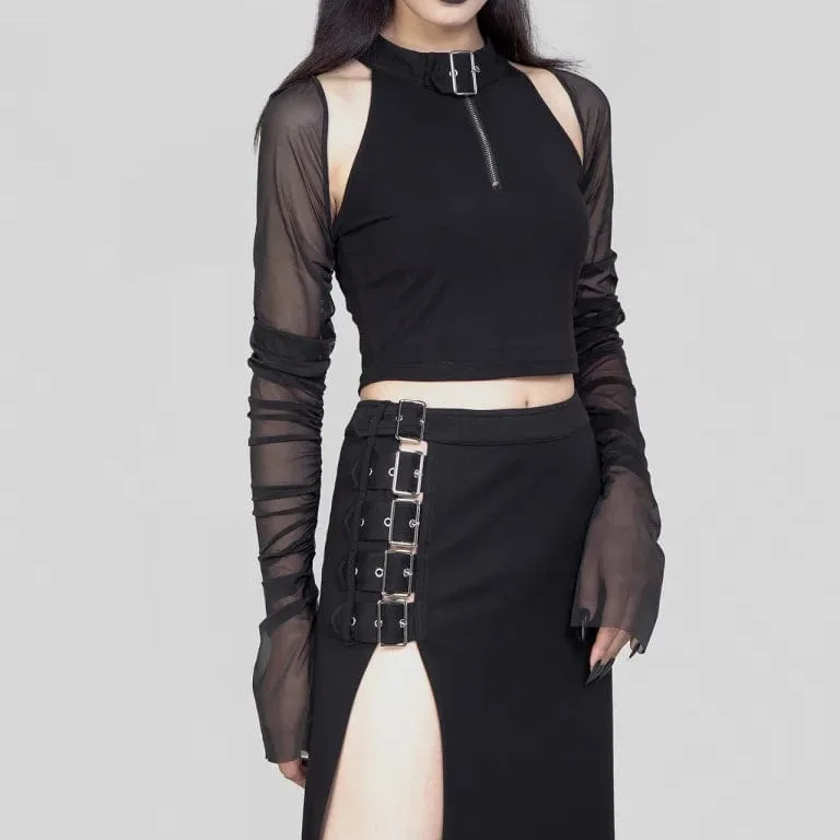 Women's Punk Cutout Mesh Splice Crop Top