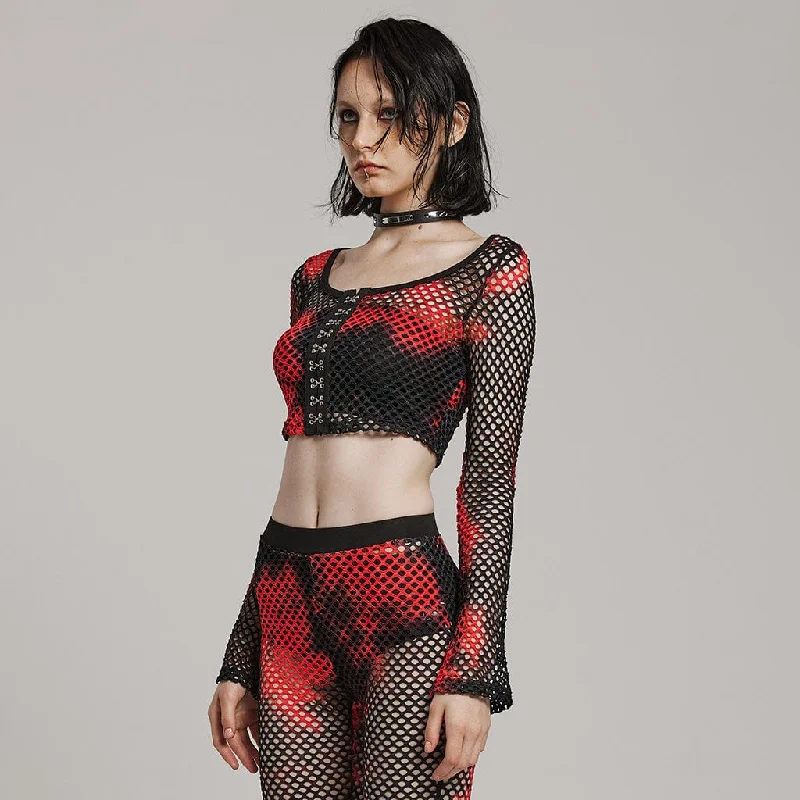 Women's Punk Mesh Tie-dyed Long Sleeved Crop Top Black-Red