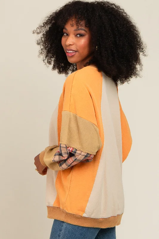 Peach Colorblock Plaid Dolman Sleeve Pullover