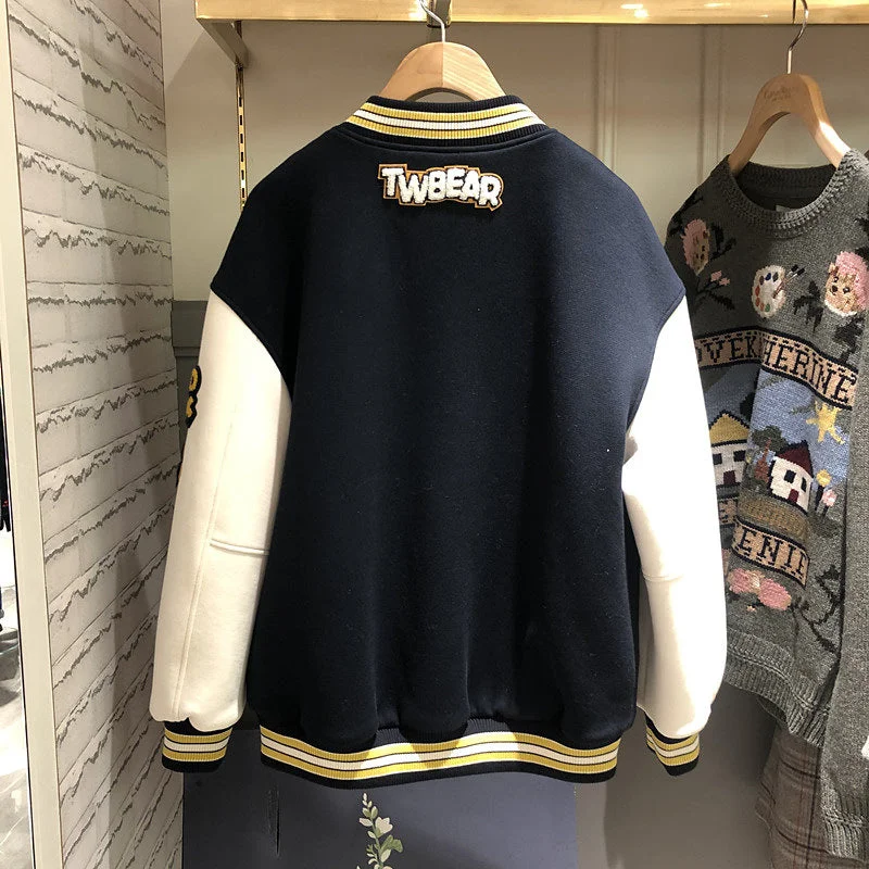 Sweater Women's Velvet Thickened 2021 New Korean Version Ins Tide Bear Loose Bf Wild Jacket Baseball Uniform Jacket