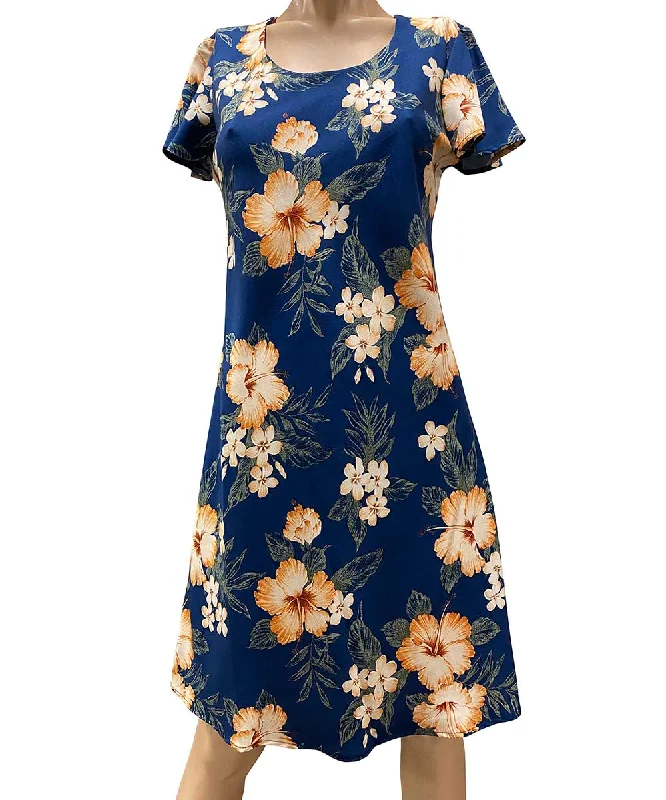 Hibiscus Garden Navy A-Line Dress with Cap Sleeves