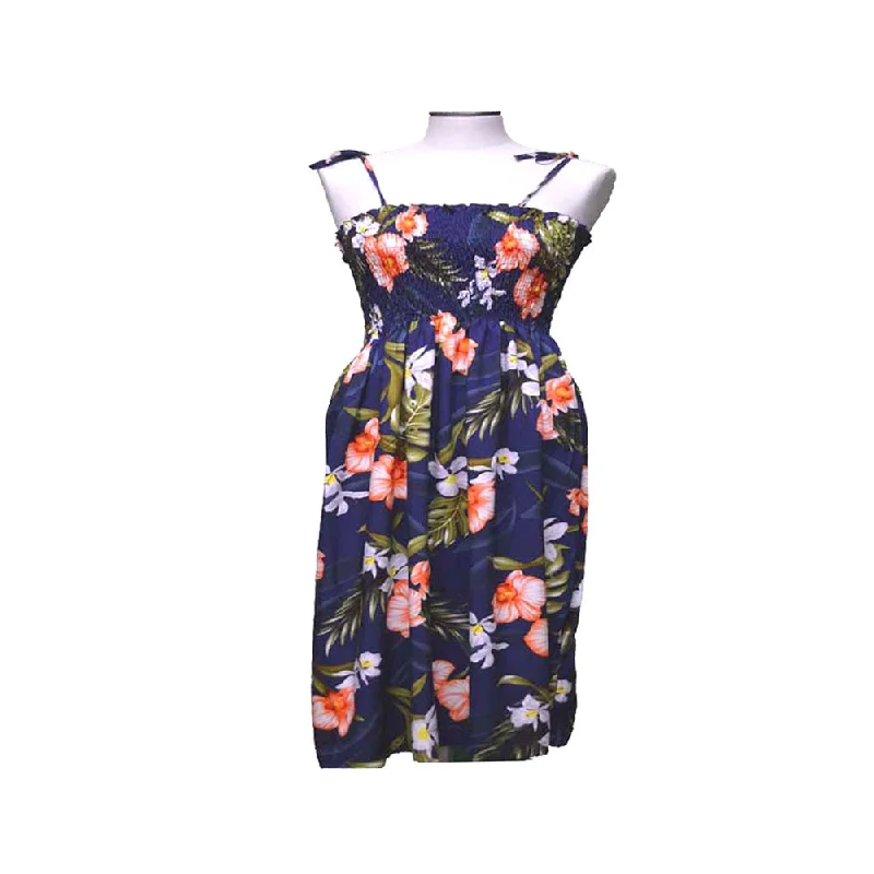 Akupu Orchid Navyblue Smocked Hawaiian Dress