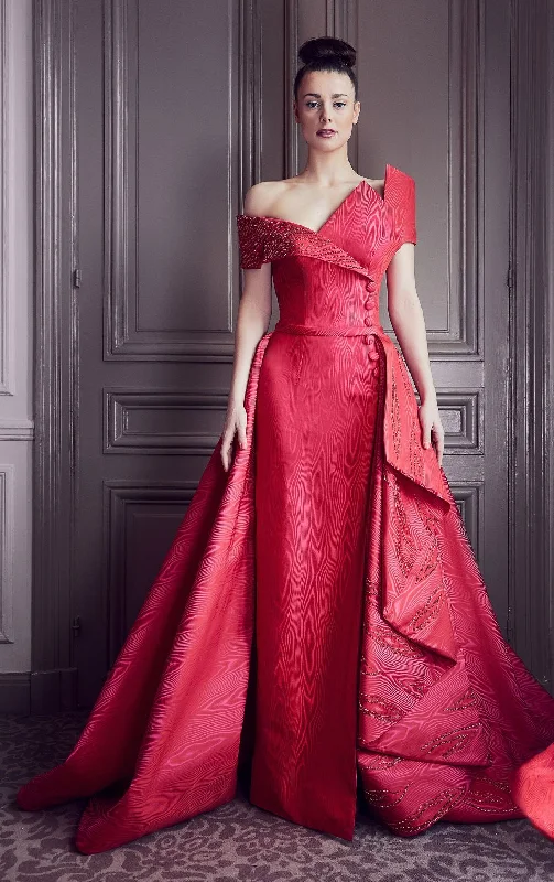 Asymmetric neckline button detailed moire gown
