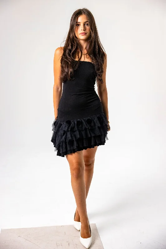 Asymmetrical Little Black Dress with Tutu Skirt and Polka Dot Detail