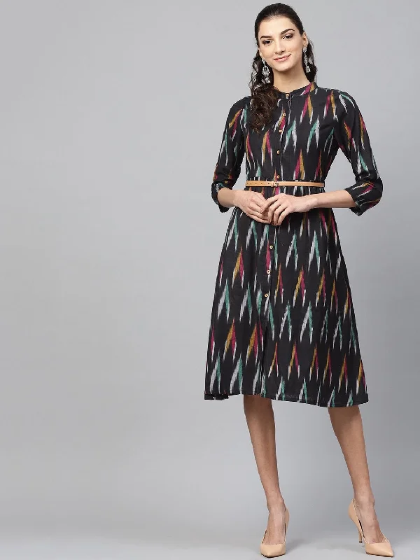 Women's Black Ikat Front Open Belted Dress - SASSAFRAS