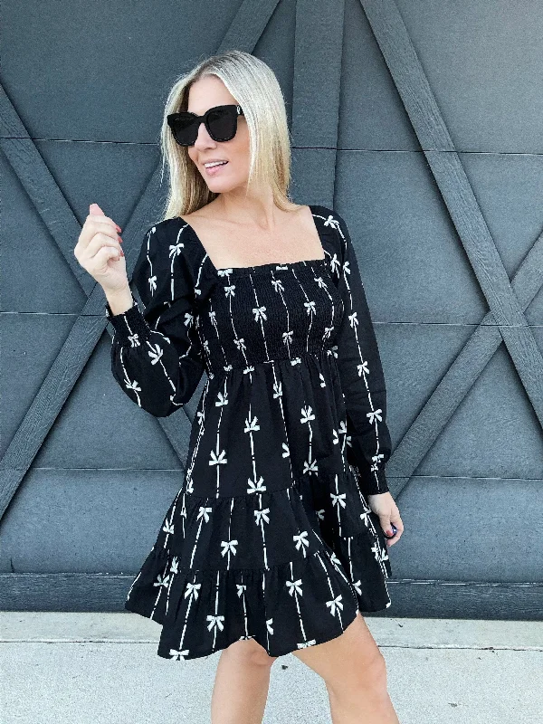 Bow Ribbon Print Woven Dress In Black