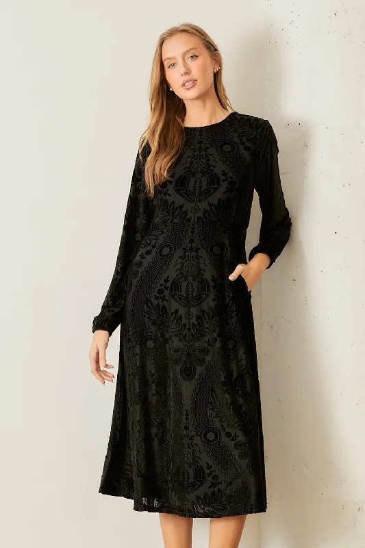 Burnout Velvet Print Dress Black