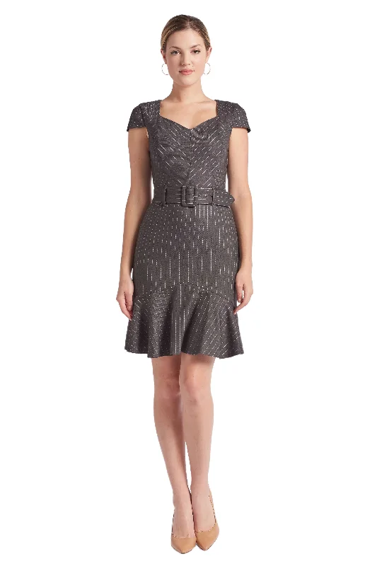 Chelsea Dress - Cap sleeve pinstripe dress with self belt and ruffle hem