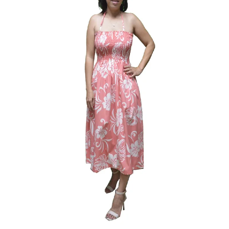 Classic Hibiscus Coral Tube Top Hawaiian Dress