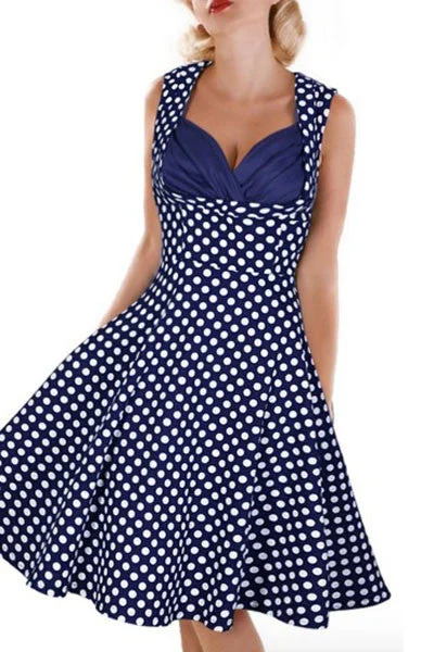 Contrast Bra Insert Retro Polka Dot Navy Skater Dress