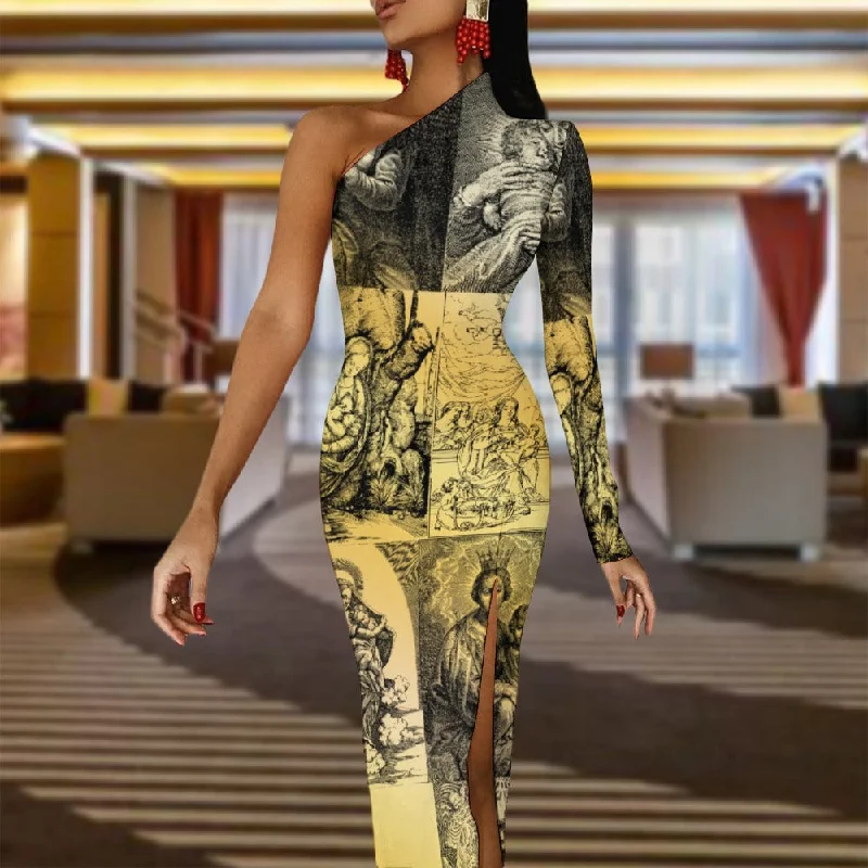 “Faces of Virgin Mary at Christmas” Half Sleeve Slit Dress - Sizes XS - XL