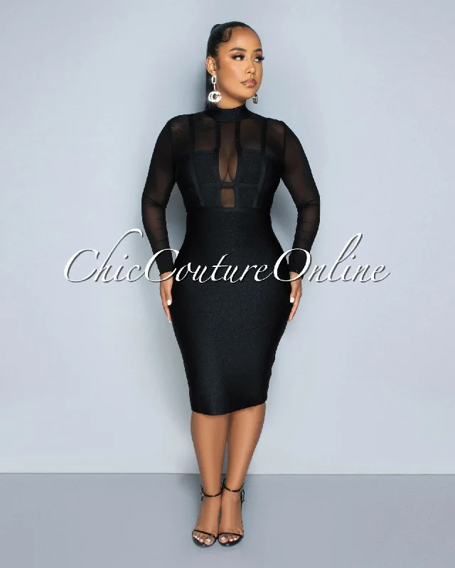 Farlane Black Shimmer Mesh Accent Bandage Dress
